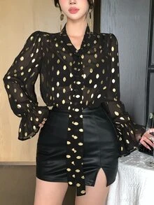 DAZY Gold Dot Print Tie Neck Flounce Sleeve Sheer Shirt Fall Long Sleeve Tops - Black - View 1