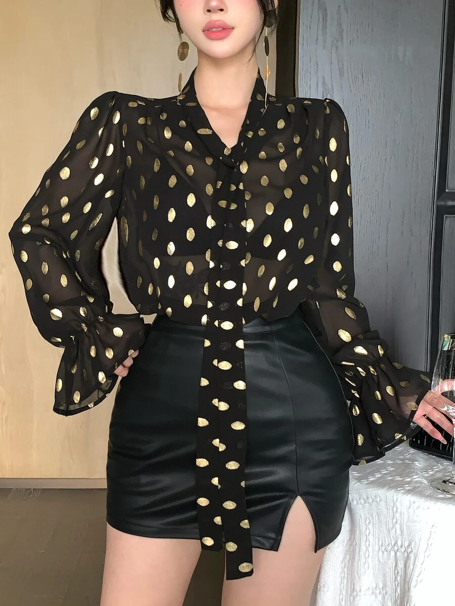 DAZY Gold Dot Print Tie Neck Flounce Sleeve Sheer Shirt Fall Long Sleeve Tops - Black - View 1