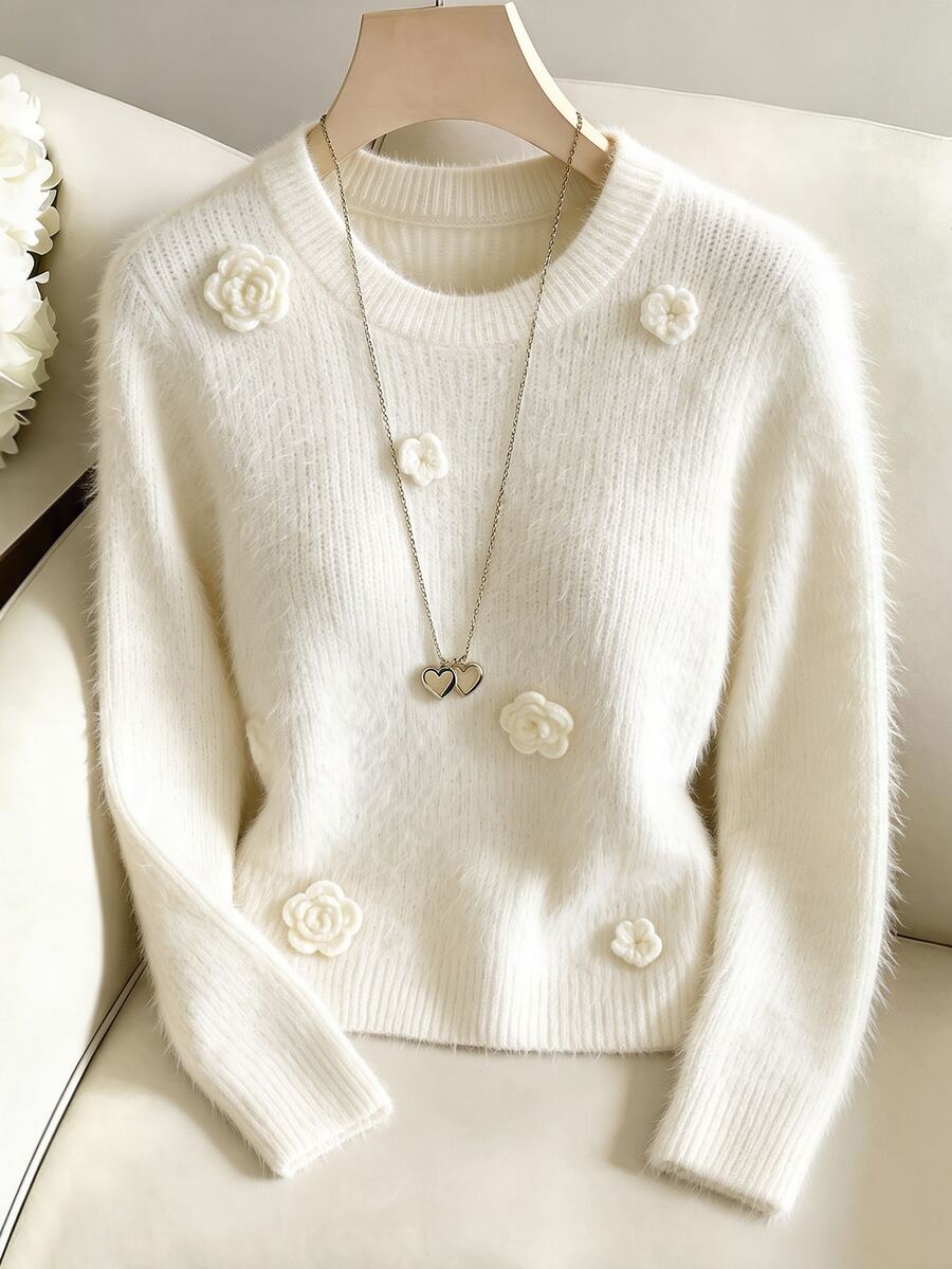 GlowEve Sweater Bahu Jatuh Motif Bunga Stereo - Krem - View 1