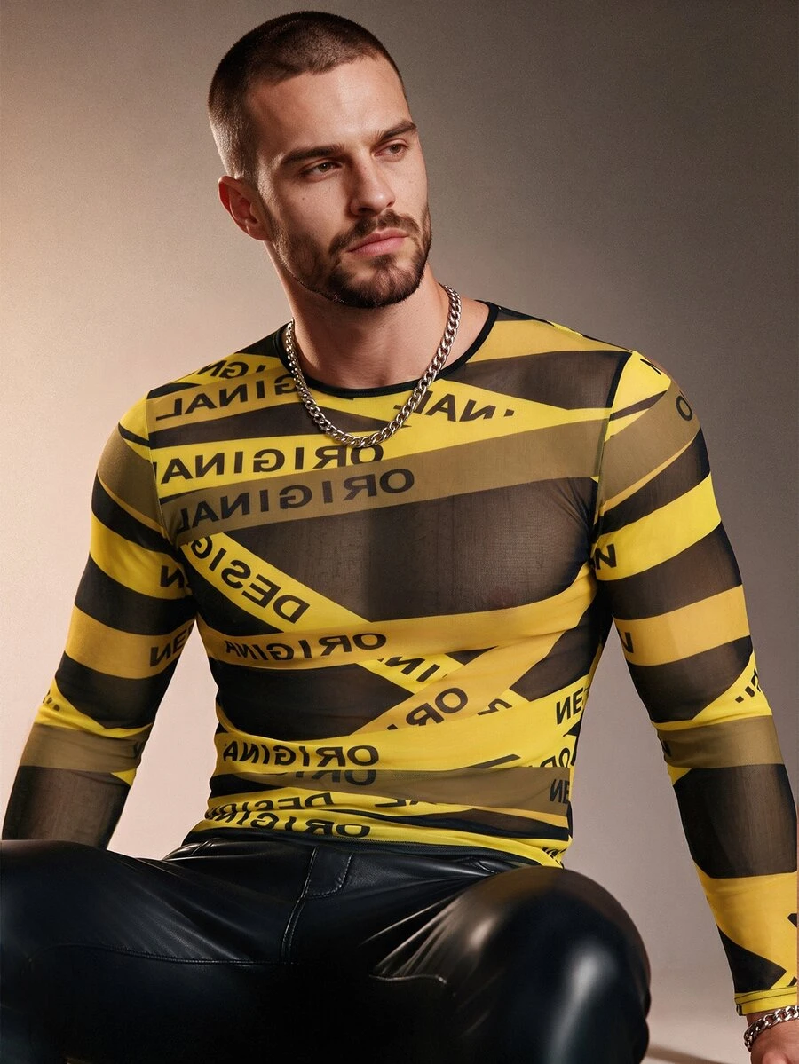 ZURIURI Sexy Streetwear Tight-Fitting Long Sleeve Letter Print Sheer T-Shirt Rave Club Black And Yellow Autumn - Multicolor - View 1