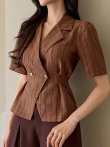 DAZY Women's Elegant Commute Striped Petal Sleeve Blouse - Coffee Brown - View 9
