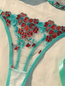 SHEIN 女款天藍色刺繡綁帶內衣套裝 2件組 - 薄荷綠 - 查看 5