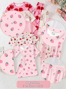 Tween Girl Random 1set Short Sleeve Sleep Top & 1pc Sleep Pants Pajamas Set - Multicolor - View 4