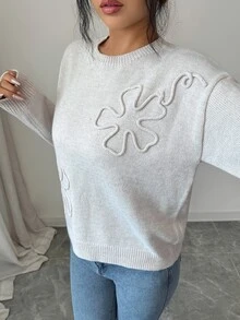 SHEIN Floral Pattern Drop Shoulder Sweater - Apricot - View 5