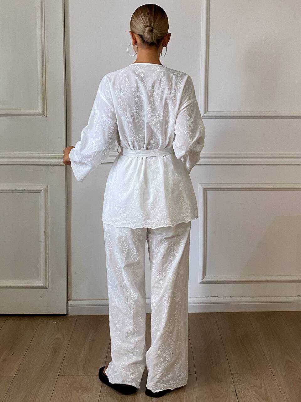 Solid Embroidery Detail Belted Robe & Pants PJ Set