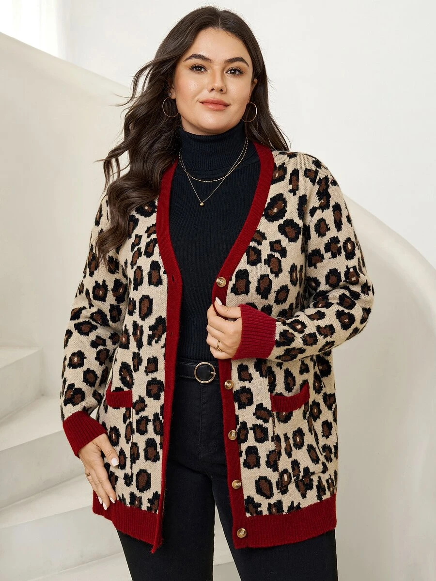 Comfylo Cardigan Plus Motif Leopard dengan Trim Kontras - MultiWarna - View 1