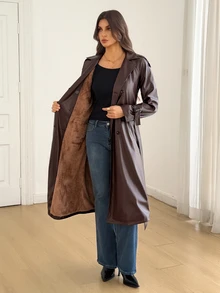 SHEIN Tall Double Breasted Belted PU Trench Coat - Brown - View 3