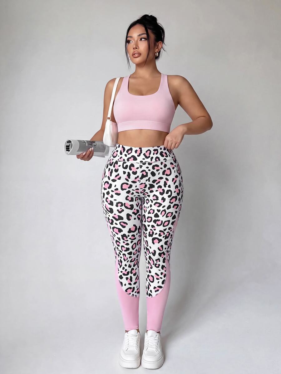 SHEIN Velisys Plus Leopard Print Wideband Waist Sports Leggings - Multicolor - View 1