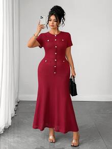 Elenzga Gaun Plus Size Polos dengan Kancing Depan dan Hem Model Duyung, Cocok untuk Sehari-hari, Kantor, Makan Malam, Perjalanan, Warna Burgundy, Musim Gugur, Elegan - Burgundy - View 3