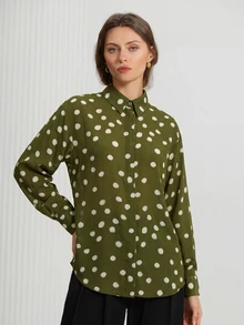 Aveloria Modichic Women Blouses Shirts Office Green Polka Dot Fall Vintage Casual French Elegant - Multicolor - View 6