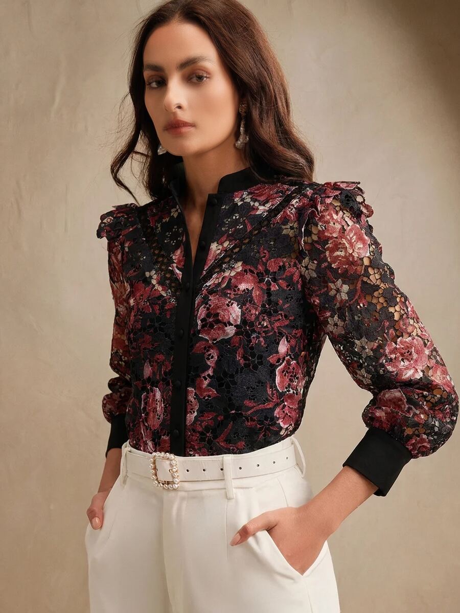 Anewsta Floral Print Ruffle Trim Lace Shirt - Black - View 1