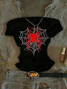 Attitoon Plus Heart Web & Spider Print Cold Shoulder Tee - Black - View 7