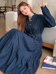 Livesso Tall Women's Long Sleeve Cinched Cinched Waist Front Long Denim Dress With Small Stand Collar Fall - Dark Wash - View 8