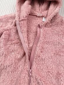SHEIN Baby Girl Cartoon Pattern 3D Ear Design Long Sleeve Plush Hooded Winter Romper - Pink - View 3