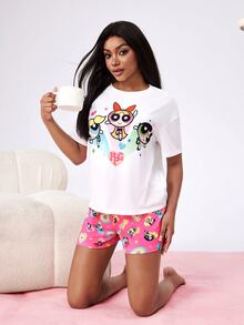 THE POWERPUFF GIRLS X SHEIN Women's Short Sleeve T-Shirt And Shorts Pajama Set - Hot Pink - View 6