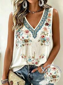 EMERY ROSE Plus Floral Print V Neck Top - Multicolor - View 1
