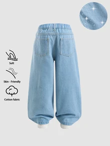 SHEIN Elladie kids 少女彈性腰水鑽裝飾寬腿牛仔褲 - 淺色水洗藍 - 查看 2