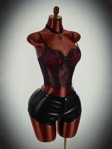 Amplova Halloween Color-Block Lace Top With Sheer Effect, Extremely Sexy, Suitable For Nightclub Parties And Gatherings. - Black - View 9