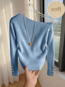 Franclia Solid Button Detail Asymmetrical Neck Tee - Blue - View 1