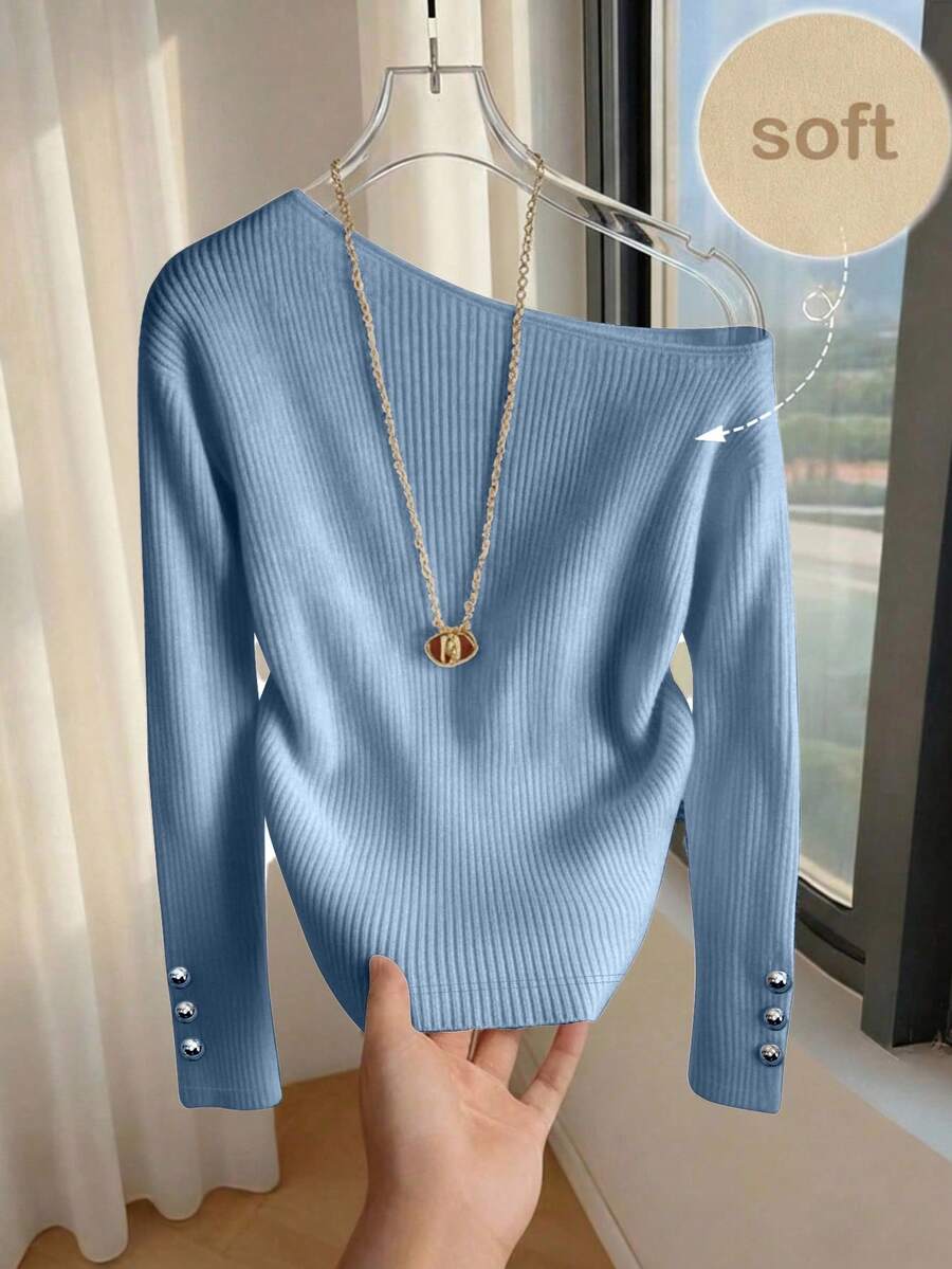 Franclia Solid Button Detail Asymmetrical Neck Tee - Blue - View 1