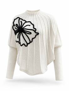GlowEve Sweater Musim Gugur/Dingin Baru Eropa dan Amerika dengan Bordir Bunga Besar 3D, Pullover Leher Tinggi Lengan Panjang Rajut - Aprikot - View 1