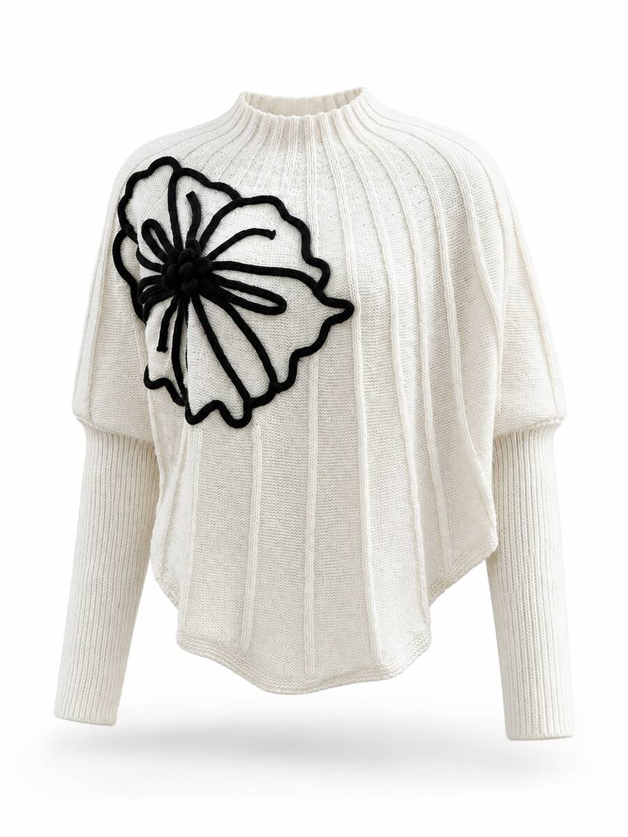 GlowEve Sweater Musim Gugur/Dingin Baru Eropa dan Amerika dengan Bordir Bunga Besar 3D, Pullover Leher Tinggi Lengan Panjang Rajut - Aprikot - View 1