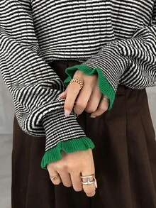 FRIFUL Women's Striped Round Neck Drop Shoulder Long Sleeve Loose Sweater - Black - View 4