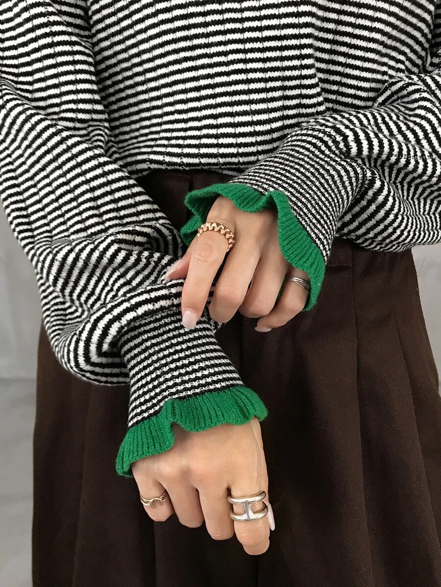 FRIFUL Women's Autumn Striped Colorblock Cuffed Sweater - Black - View 1