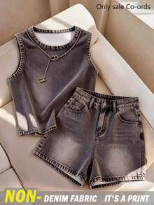 Franclia Camiseta de tirantes lavada & Shorts de mezclilla - Púrpura polvoriento - Ver 1