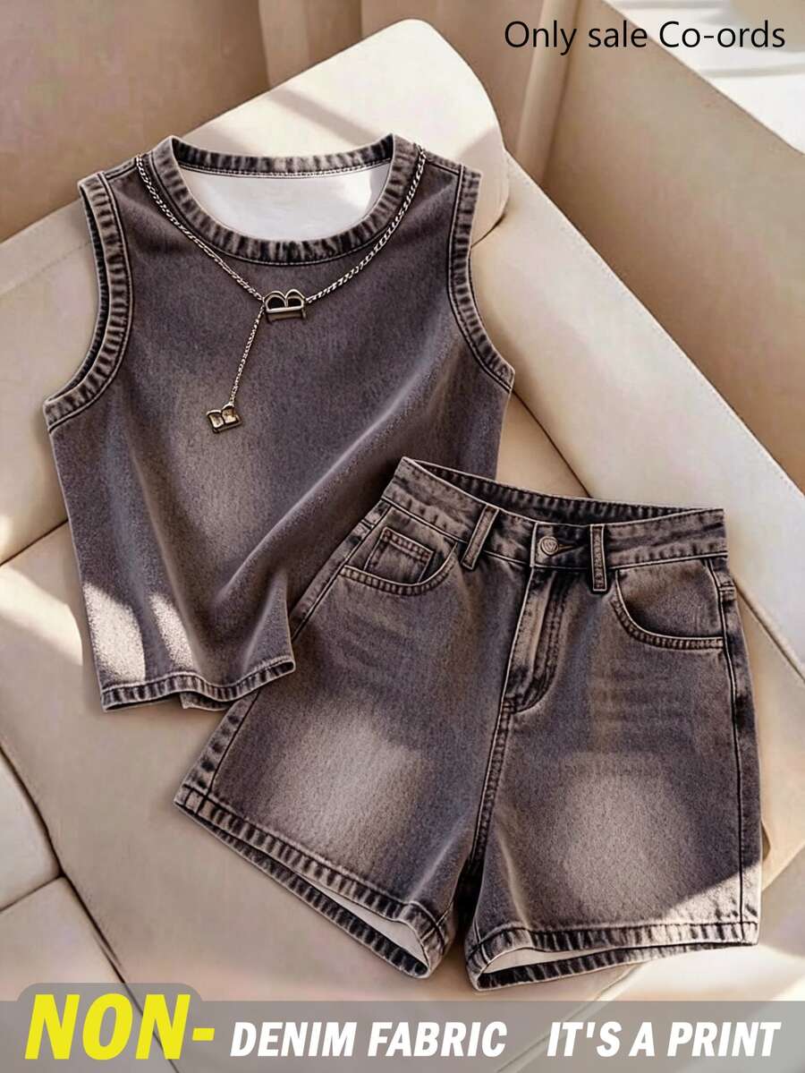 Franclia Camiseta de tirantes lavada & Shorts de mezclilla - Púrpura polvoriento - Ver 1