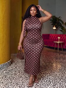 Slaydiva Plus Polka Dot Print Tie Neck Halter Dress - Brown - View 9