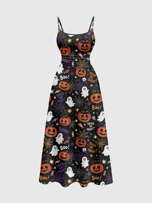 ROMWE Goth Halloween Print Cami Dress - Black - View 1