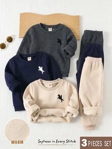 Cozy Pixies 小男孩 3 件組人像圖案保暖內裡運動衫與運動長褲套裝 - 彩色 - 查看 1