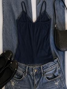 IslaSuriya Solid Lace Trim Cami Top - Navy Blue - View 2