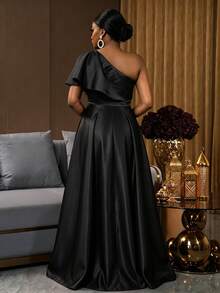 Lunelith SHEIN Lunessa One Shoulder Ruffle Trim Satin Maxi Dress - Black - View 2