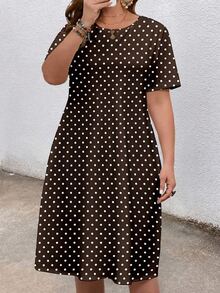 EMERY ROSE Plus Polka Dot Print Hidden Pocket Dress - Brown - View 5