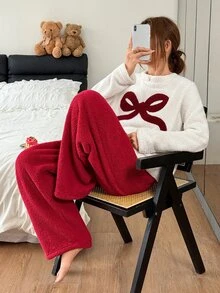 Napfluff Bow Pattern Flannel PJ Set - Red and White - View 6