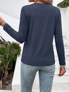 SHEIN LUNE Solid Seam Detail Long Sleeve Tee - Navy Blue - View 2