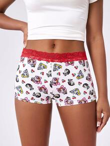 THE POWERPUFF GIRLS X SHEIN Women's Contrast Lace Cartoon Print Boxer Shorts - Red and White - View 3
