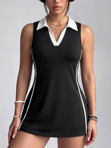 SHEIN Velisys Vestido Esportivo Plus com Gola V Contrastante, Listrado Lateral e Sem Mangas - Preto - Visão 1