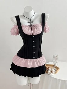 Elamini เสื้อยืด 2 in 1 แต่งสีบล็อก ชายระบาย ติดกระดุมด้านหน้า - สีชมพู - ดู 5