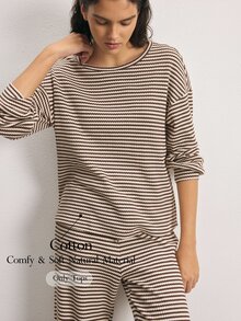 Ocili Striped Print Drop Shoulder Lounge Top - Khaki - View 1