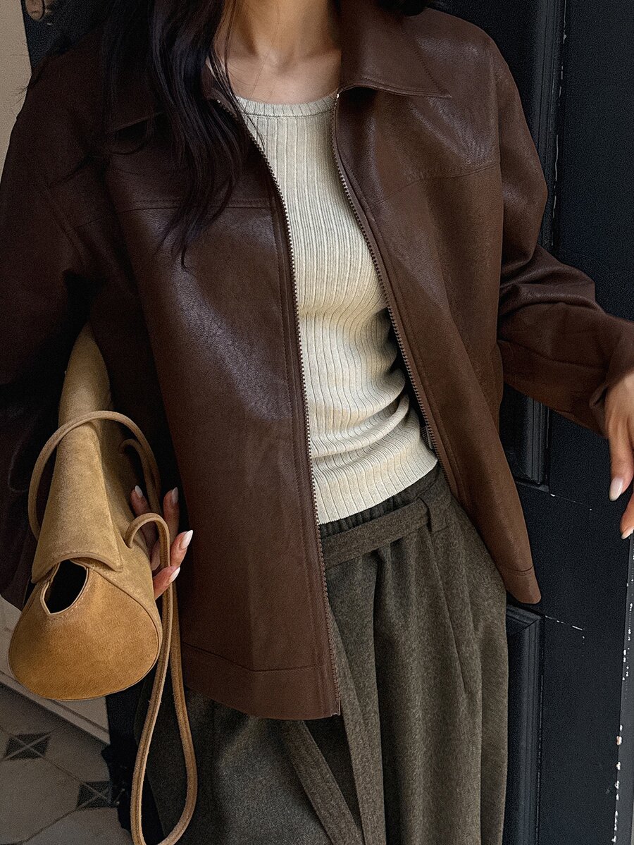 DAZY Mantel Kulit PU Polos dengan Resleting dan Bahu Jatuh untuk Musim Gugur - Coffee Brown - View 1