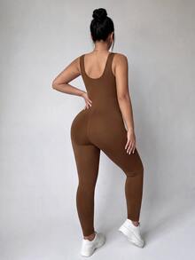 SHEIN Velisys Plus Solid Scoop Neck Sports Jumpsuit - Coffee Brown - View 5