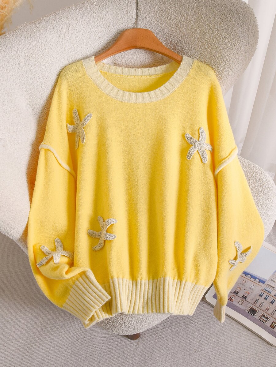 CosyJoli Plus Size Starfish Patched Colorblock Drop Shoulder Oversize Sweater