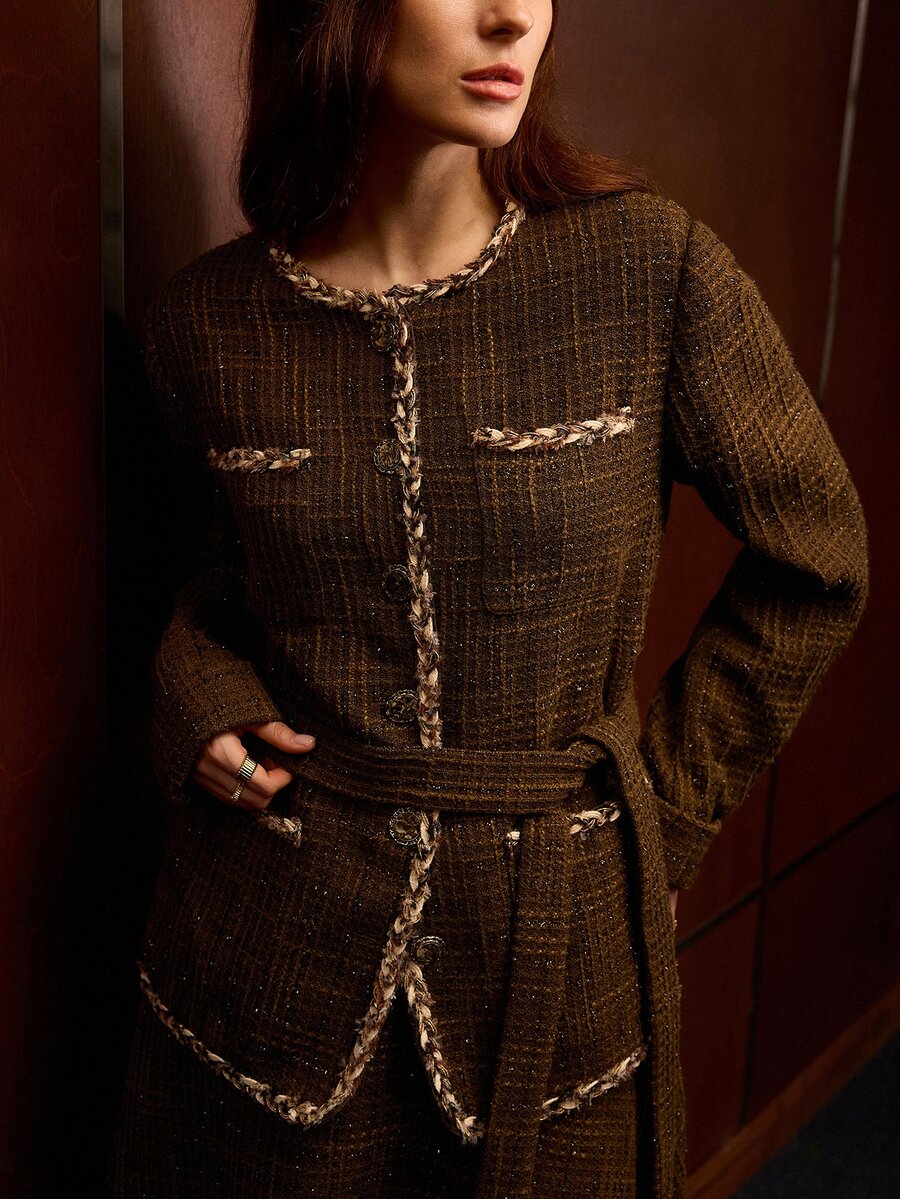 MOTF PREMIUM TWEED CONTRAST TRIM BELTED COAT - Coffee Brown - View 2