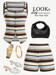 Lavishia Block Striped Tank Top & Shorts - Multicolor - View 2