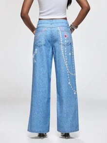 THE POWERPUFF GIRLS X SHEIN Celana Jeans Denim Wanita Motif Kartun dengan Kantong Kancing - Biru - View 2