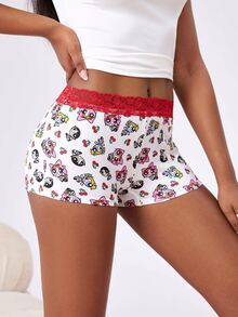 THE POWERPUFF GIRLS X SHEIN Women's Contrast Lace Cartoon Print Boxer Shorts - Red and White - View 4