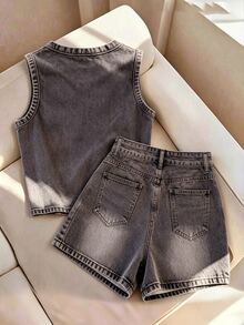 Franclia Camiseta de tirantes lavada & Shorts de mezclilla - Púrpura polvoriento - Ver 2